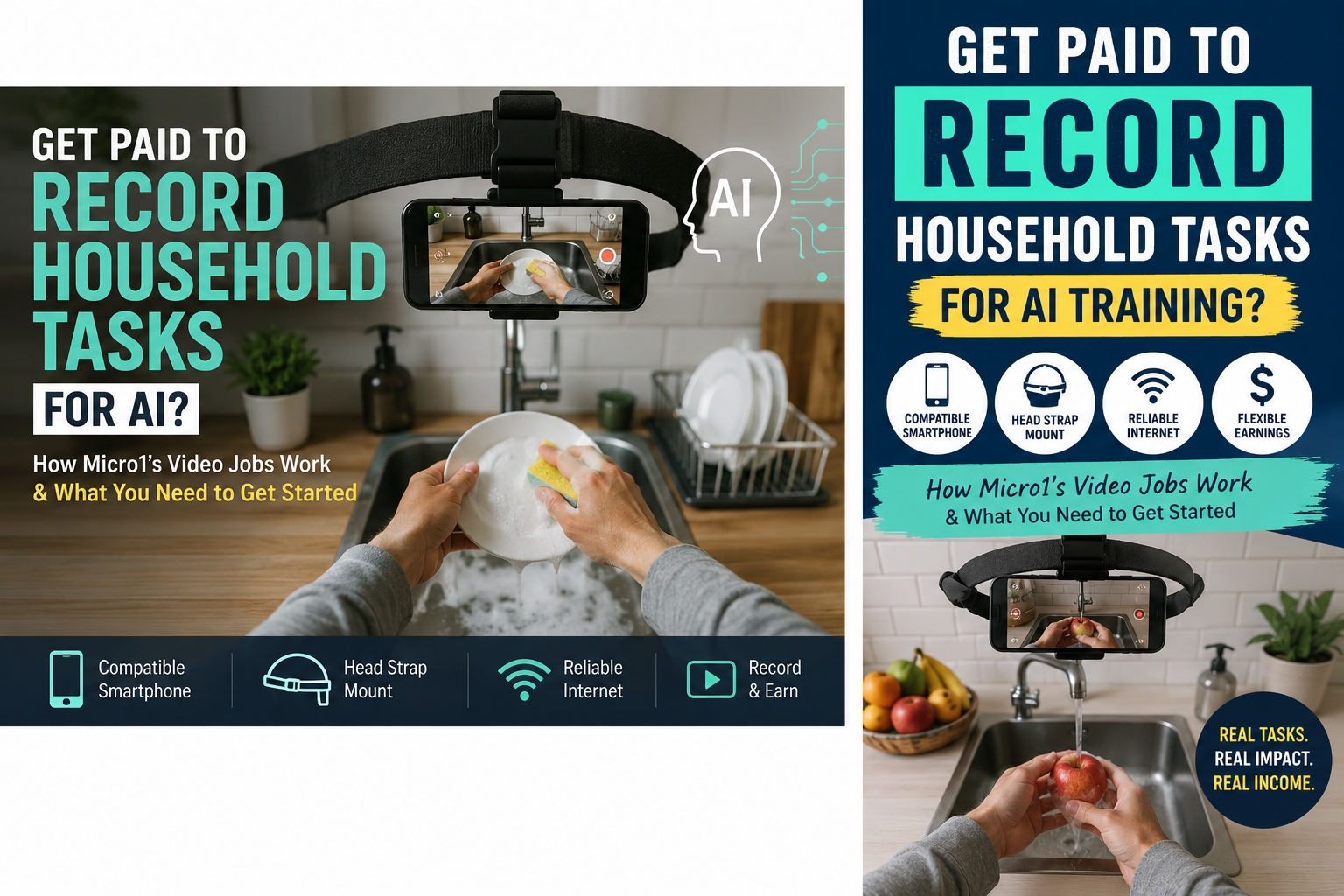 Person recording a household task using a smartphone mounted on a head strap, with SideCash branding and text about getting paid to record household tasks for AI training.