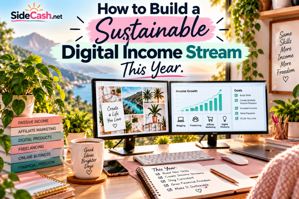 An encouraging, aesthetic image of a home workspace with a dual-monitor setup or high-end gadgets. Text overlay: How to Build a Sustainable Digital Income Stream This Year.